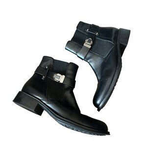 Aquatalia Black Leather Ankle Boots with Silver Buckle